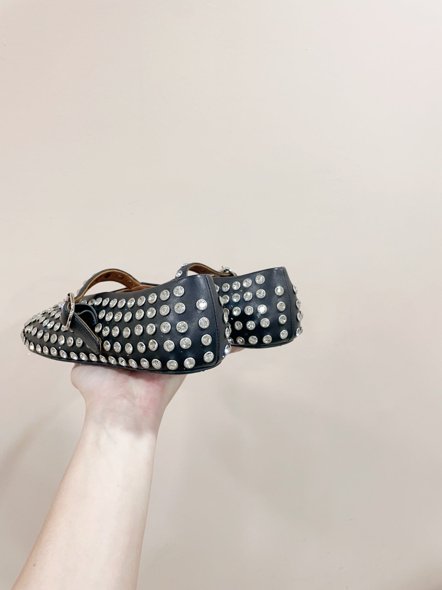 ALAIA MARY JANE SHOES IN BLACK LAMBKIN ATTACH RHINSTONES