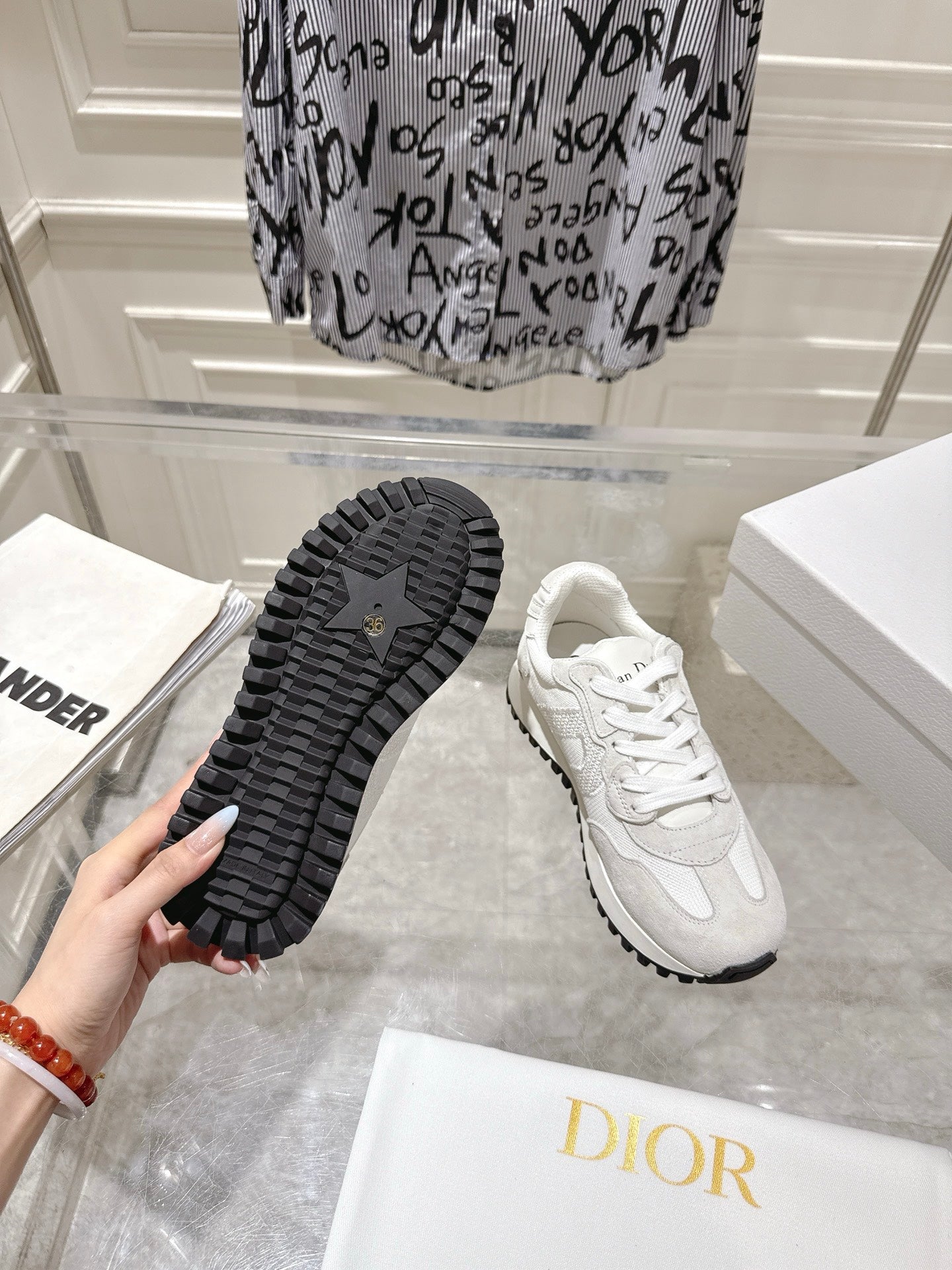 DIOR 25S C'EST DIOR SNEAKER IN WHITE LIGHT GRAY CALFSKIN AND SUEDE