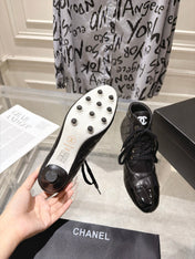 CHANEL 26S HIGH HEEL KNEE HIGH BOOTS 70 MM IN BLACK LAMBSKIN AND PATENT CALFSKIN