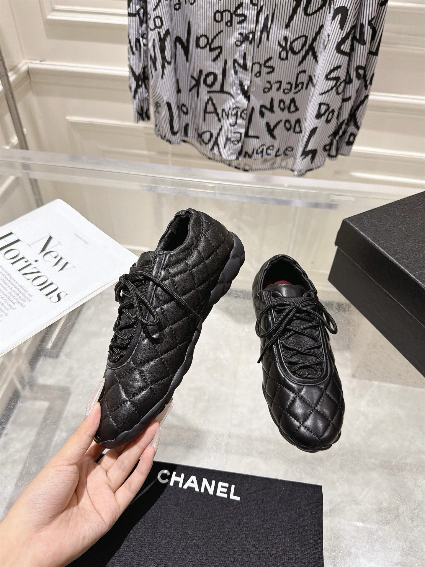 CHANEL 26S LACE UP SNEAKERS IN BLACK LAMBSKIN DIAMOND QUILTING