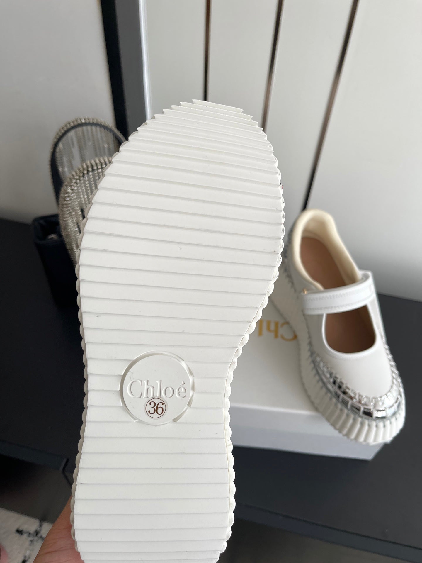 CHLOE 26S MARY JANE SNEAKERS IN WHITE AND SILVER CALFSKIN