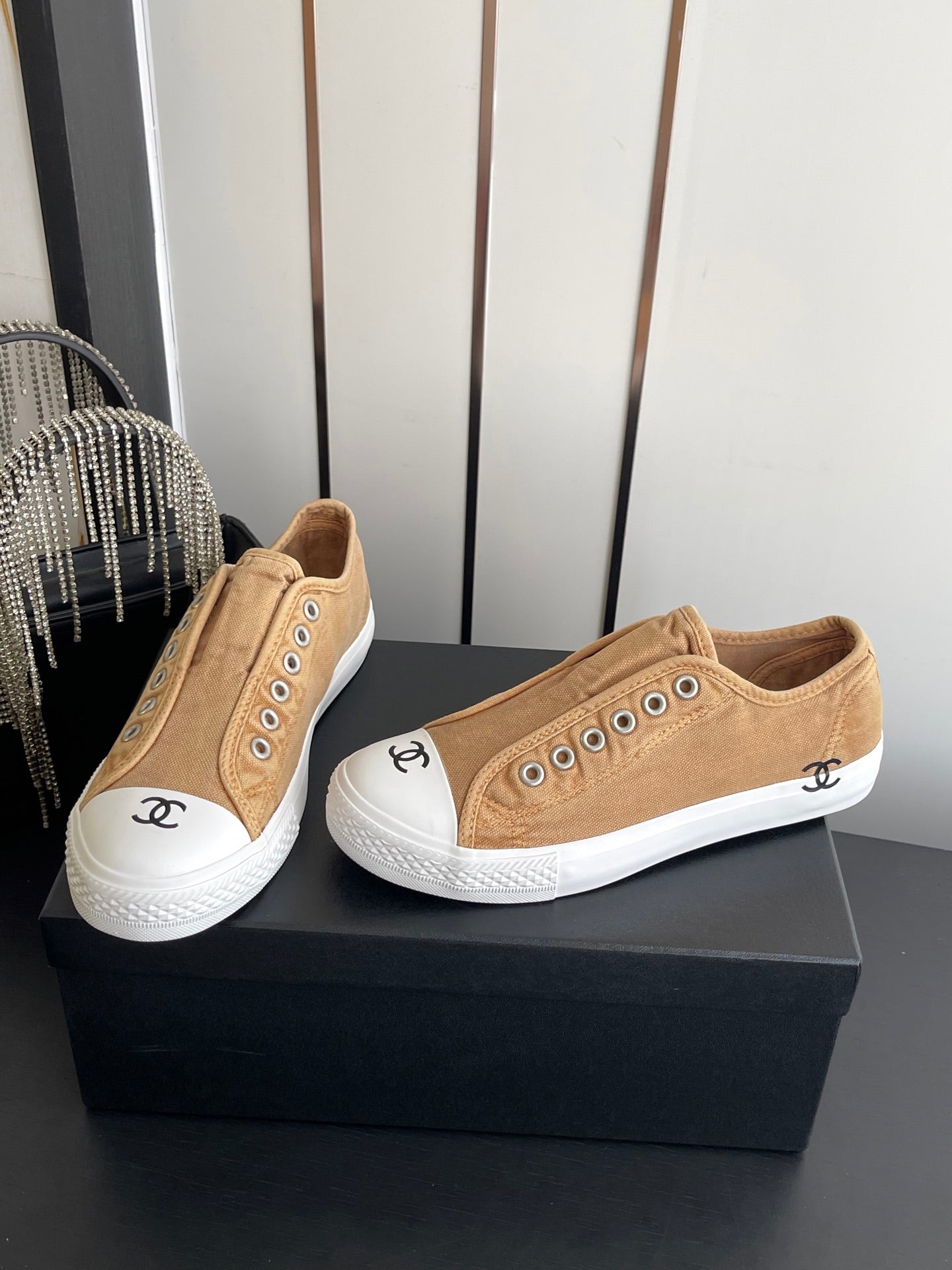 CHANEL 26S LOW TOP IN BEIGE CANVAS