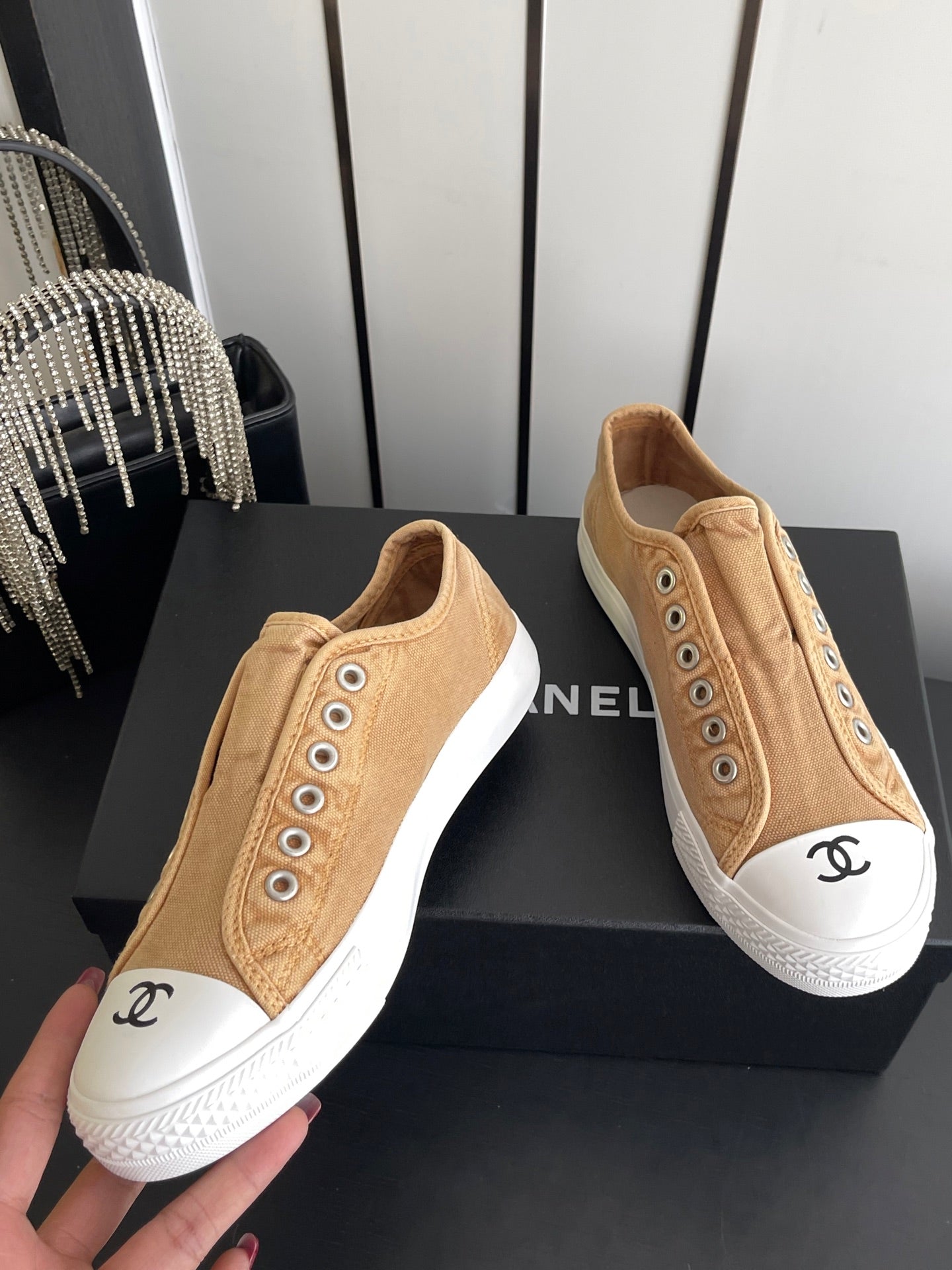 CHANEL 26S LOW TOP IN BEIGE CANVAS