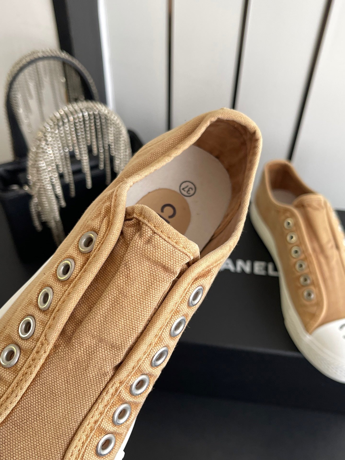 CHANEL 26S LOW TOP IN BEIGE CANVAS