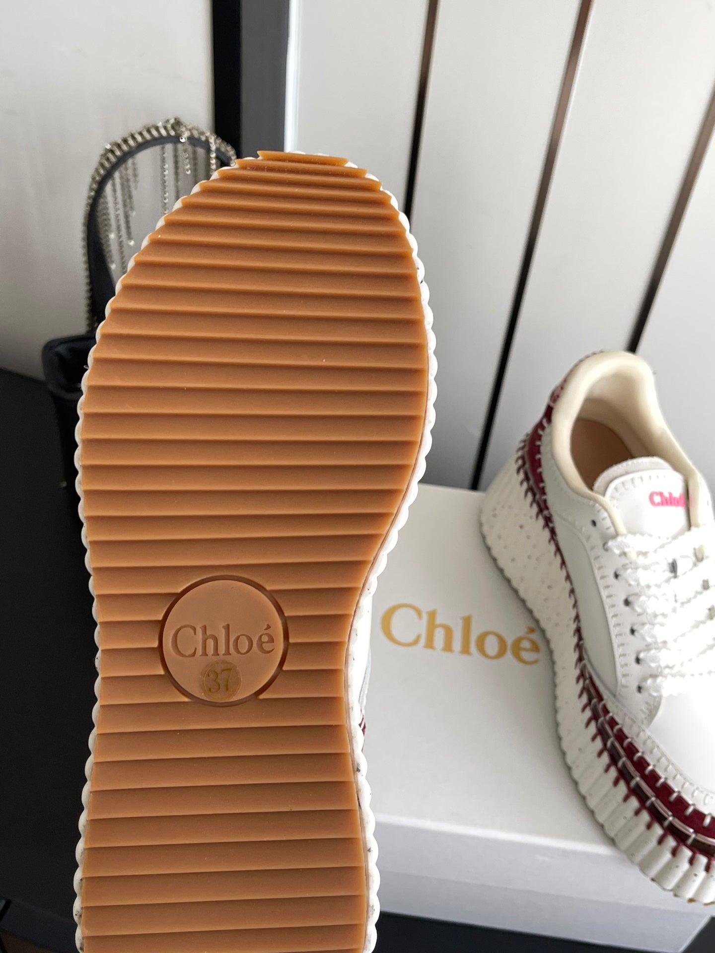 CHLOE 26S LACE-UP SNEAKERS IN WHITE CALFSKIN MIX DARK RED SUEDE