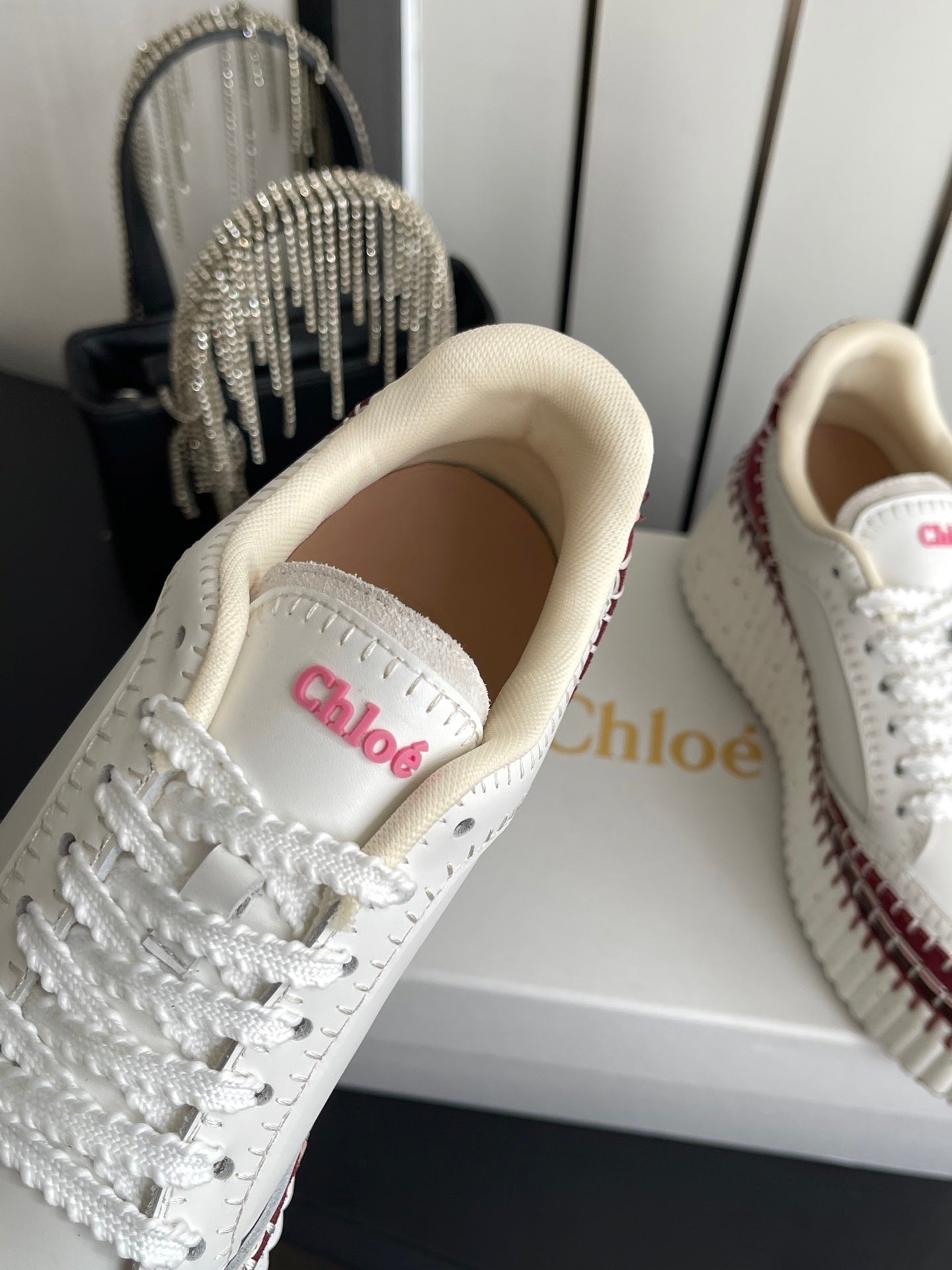 CHLOE 26S LACE-UP SNEAKERS IN WHITE CALFSKIN MIX DARK RED SUEDE