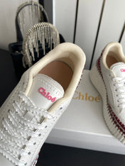 CHLOE 26S LACE-UP SNEAKERS IN WHITE CALFSKIN MIX DARK RED SUEDE