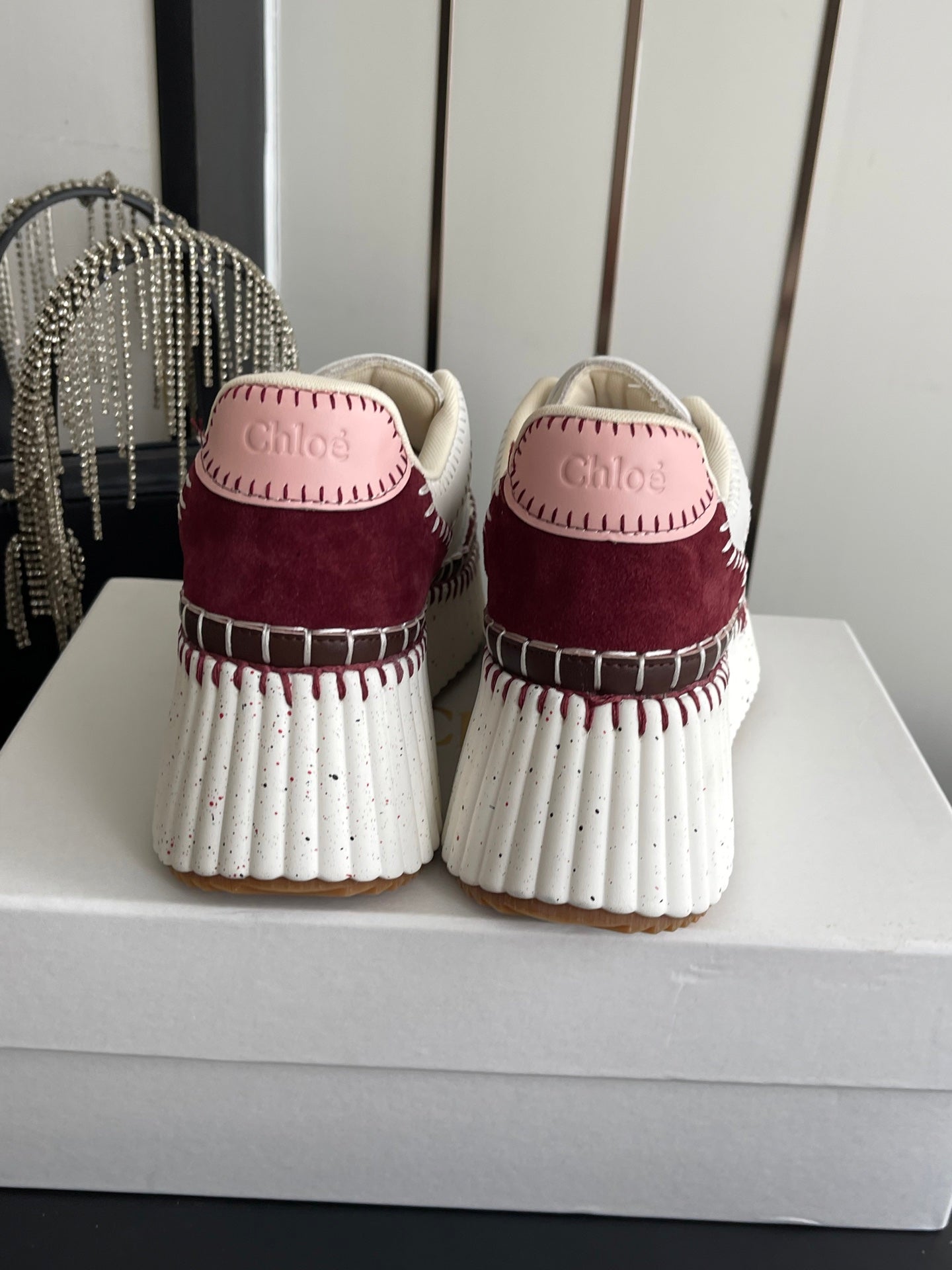 CHLOE 26S LACE-UP SNEAKERS IN WHITE CALFSKIN MIX DARK RED SUEDE