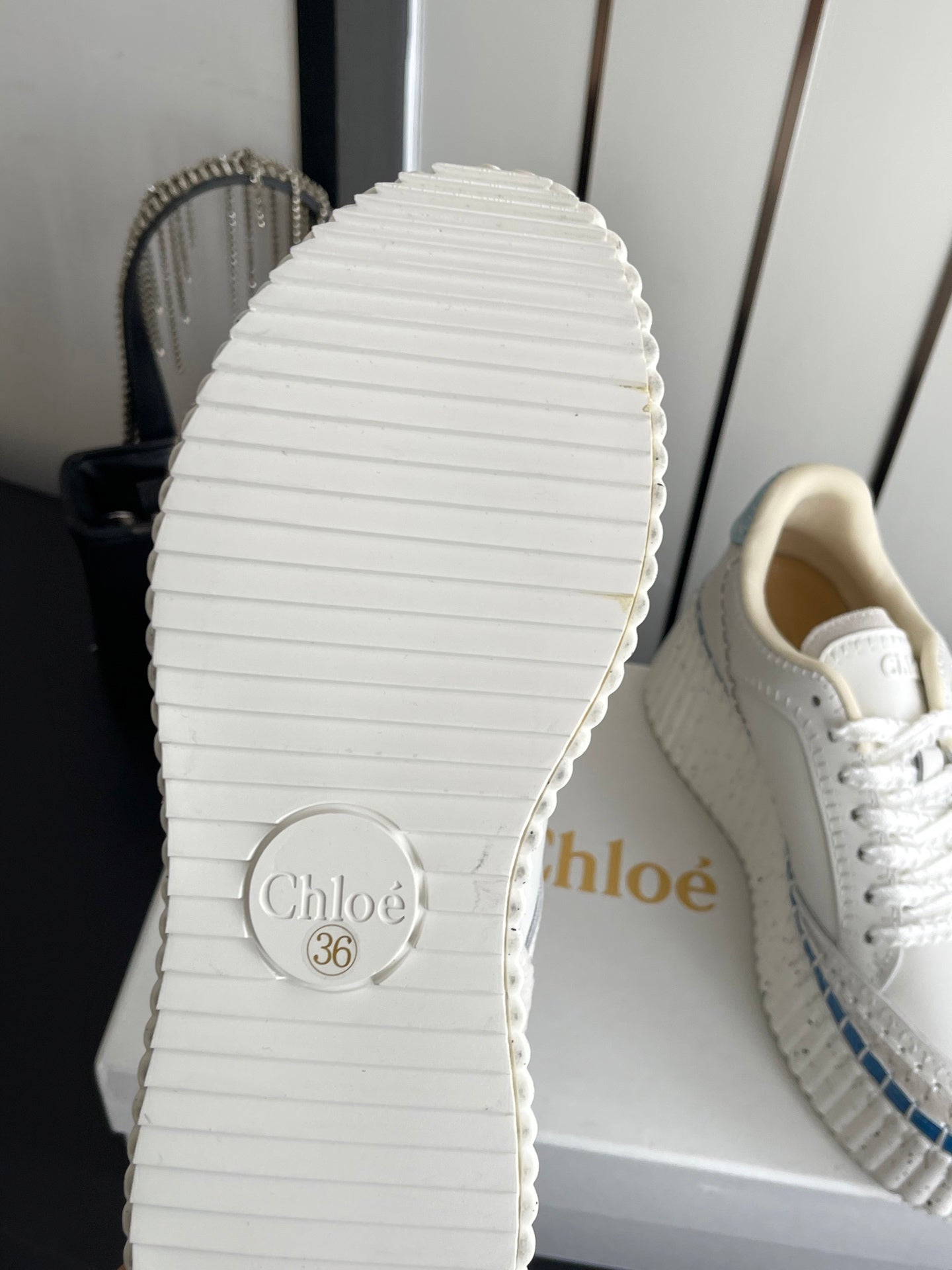 CHLOE 26S LACE-UP SNEAKERS IN WHITE MIX BLUE CALFSKIN