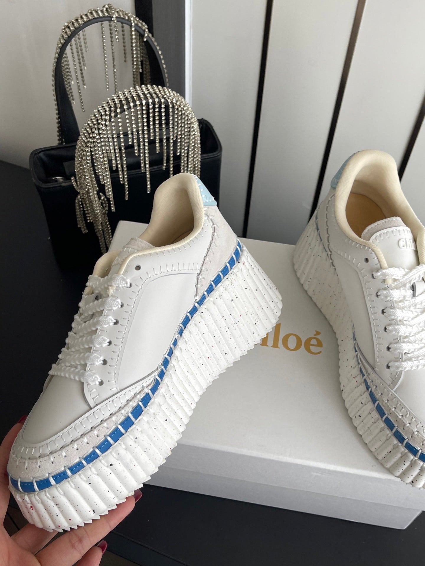 CHLOE 26S LACE-UP SNEAKERS IN WHITE MIX BLUE CALFSKIN
