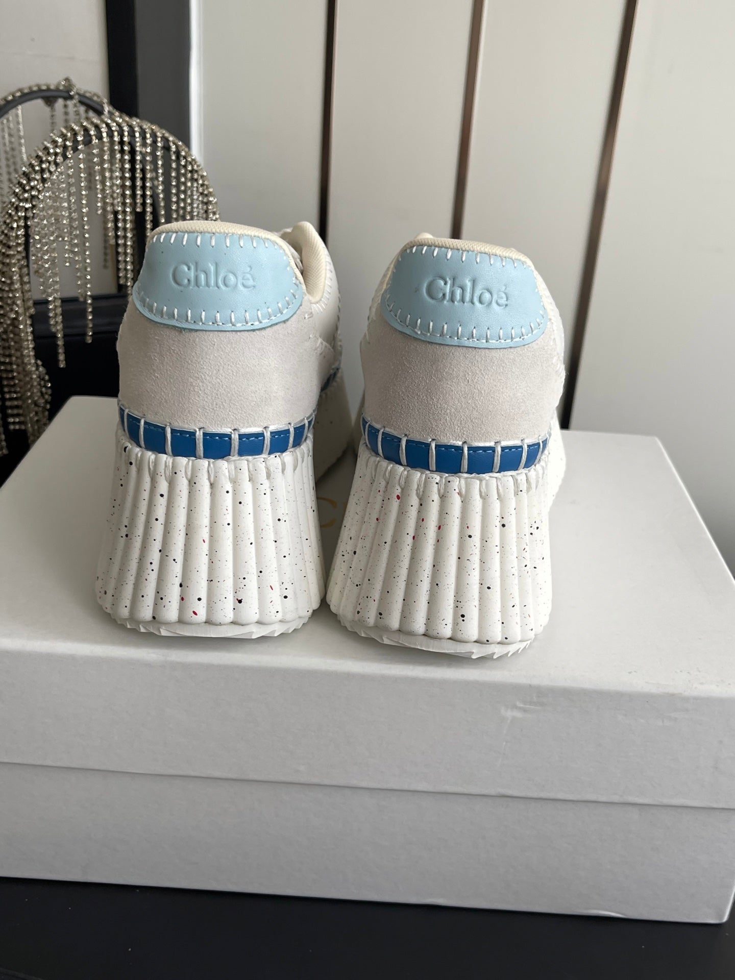 CHLOE 26S LACE-UP SNEAKERS IN WHITE MIX BLUE CALFSKIN