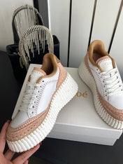 CHLOE 26S LACE-UP SNEAKERS IN WHITE MIX BEIGE CALFSKIN