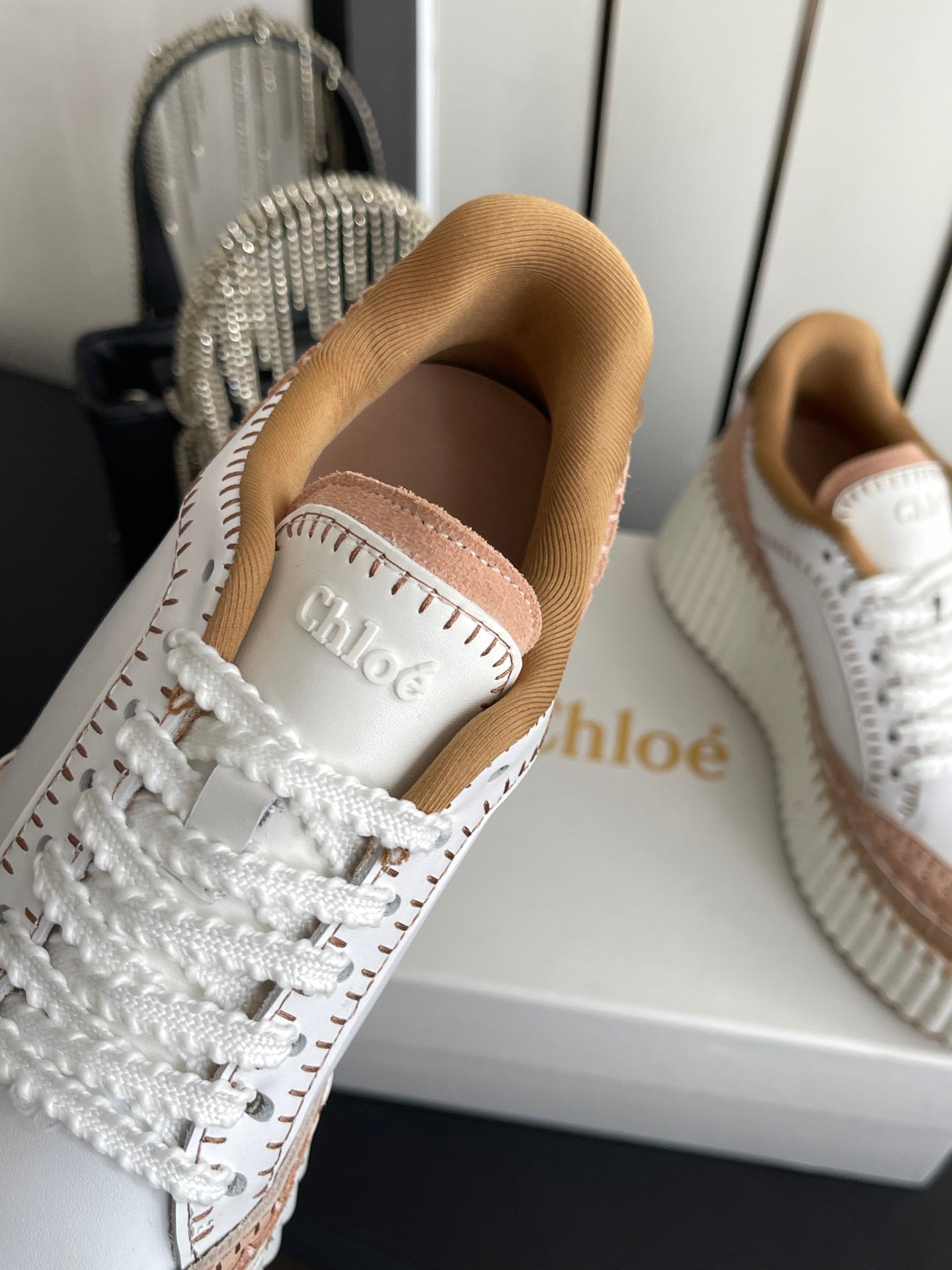 CHLOE 26S LACE-UP SNEAKERS IN WHITE MIX BEIGE CALFSKIN