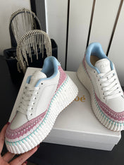 CHLOE 26S LACE-UP SNEAKERS IN WHITE CALFSKIN MIX PINK SUEDE