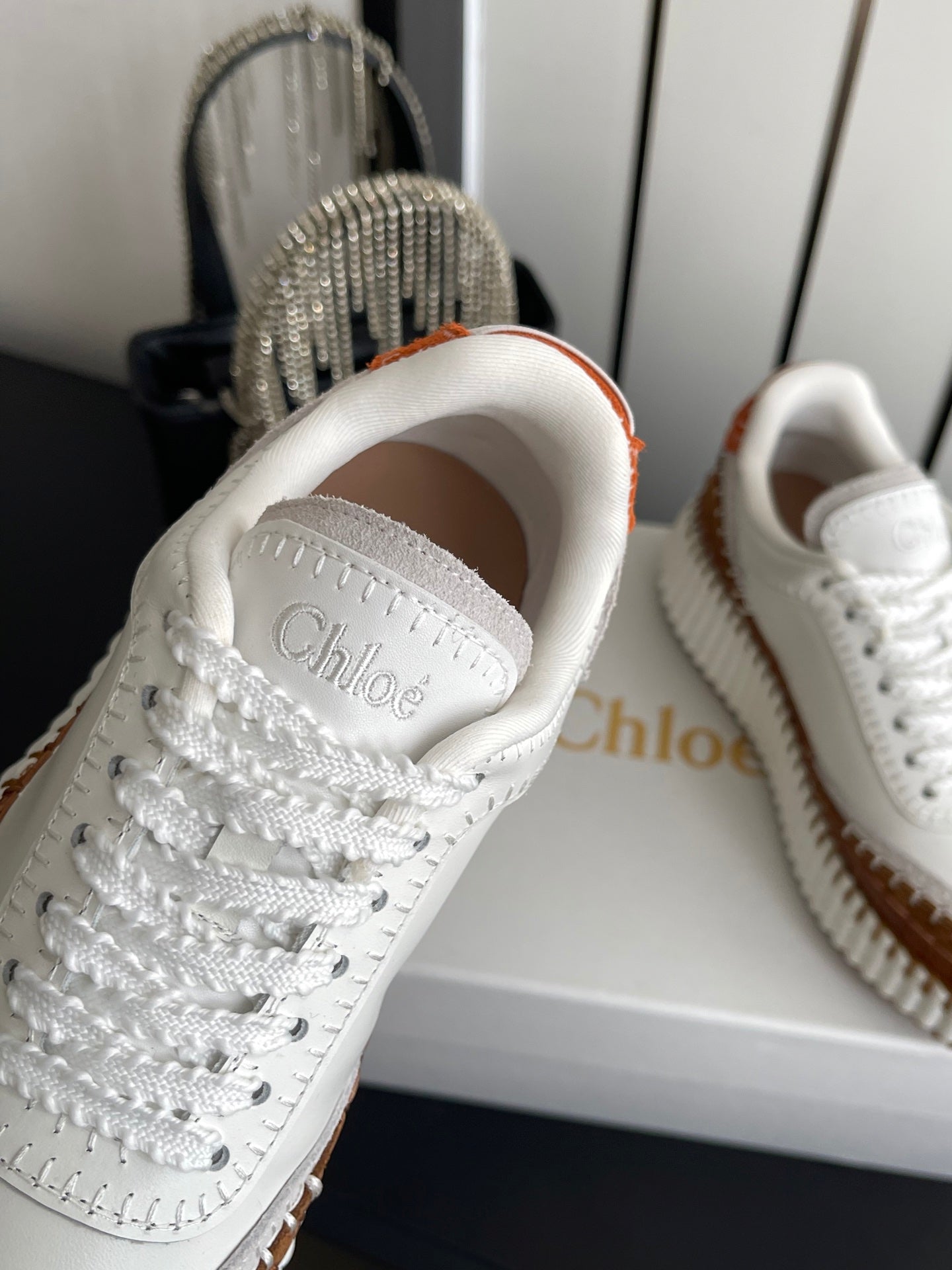 CHLOE 26S LACE-UP SNEAKERS IN WHITE MIX BROWN CALFSKIN