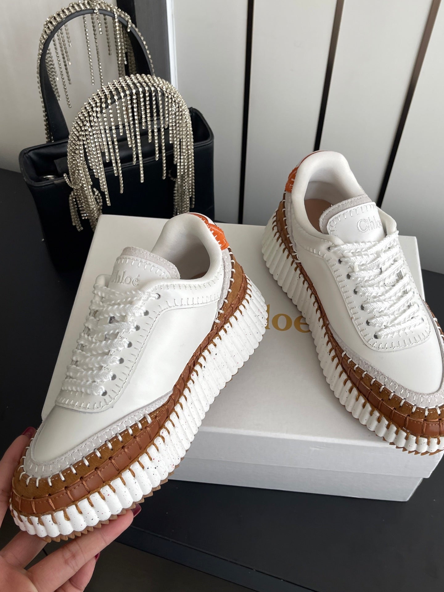CHLOE 26S LACE-UP SNEAKERS IN WHITE MIX BROWN CALFSKIN