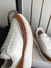 CHLOE 26S LACE-UP SNEAKERS IN WHITE MIX BROWN CALFSKIN
