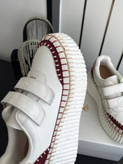 CHLOE 26S PLATFORM SNEAKERS IN WHITE AND DARK RED CALFSKIN