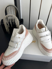 CHLOE 26S PLATFORM SNEAKERS IN WHITE AND LIGHT PINK CALFSKIN