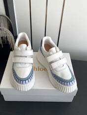 CHLOE 26S PLATFORM SNEAKERS IN WHITE AND LIGHT BLUE CALFSKIN
