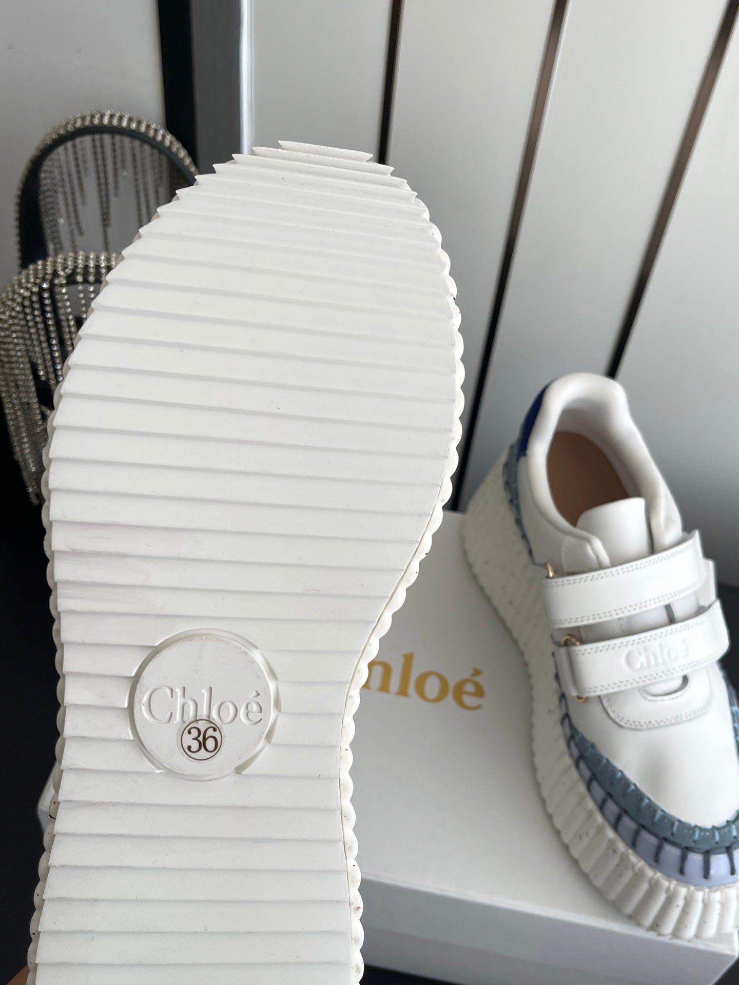 CHLOE 26S PLATFORM SNEAKERS IN WHITE AND LIGHT BLUE CALFSKIN