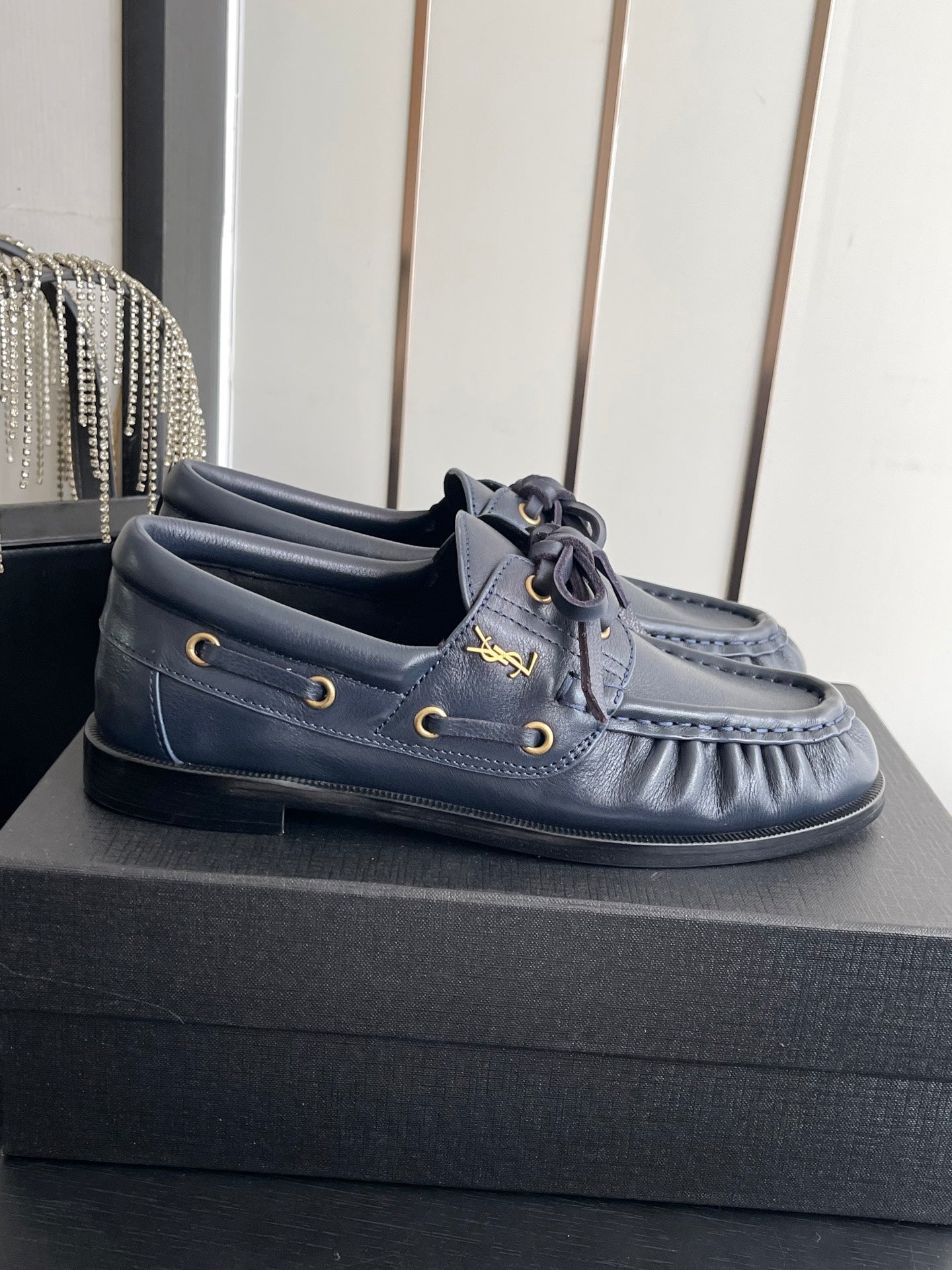 YSL 26S LACE UP LOAFERS IN BLUE CALFSKIN ROUND TOE