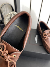 YSL 26S LACE UP LOAFERS IN TAUPE BROWN CALFSKIN ROUND TOE