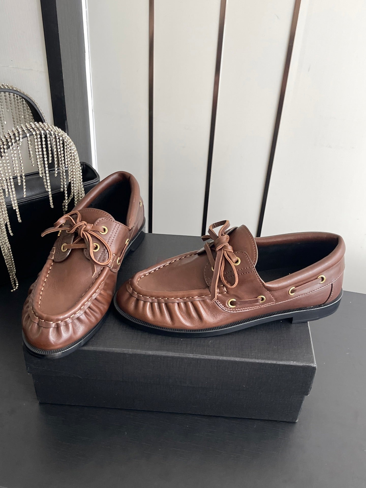 YSL 26S LACE UP LOAFERS IN TAUPE BROWN CALFSKIN ROUND TOE