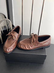YSL 26S LACE UP LOAFERS IN TAUPE BROWN CALFSKIN ROUND TOE