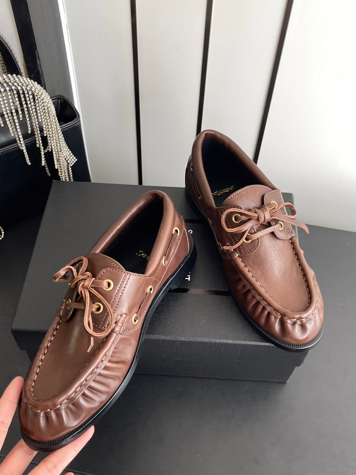 YSL 26S LACE UP LOAFERS IN TAUPE BROWN CALFSKIN ROUND TOE