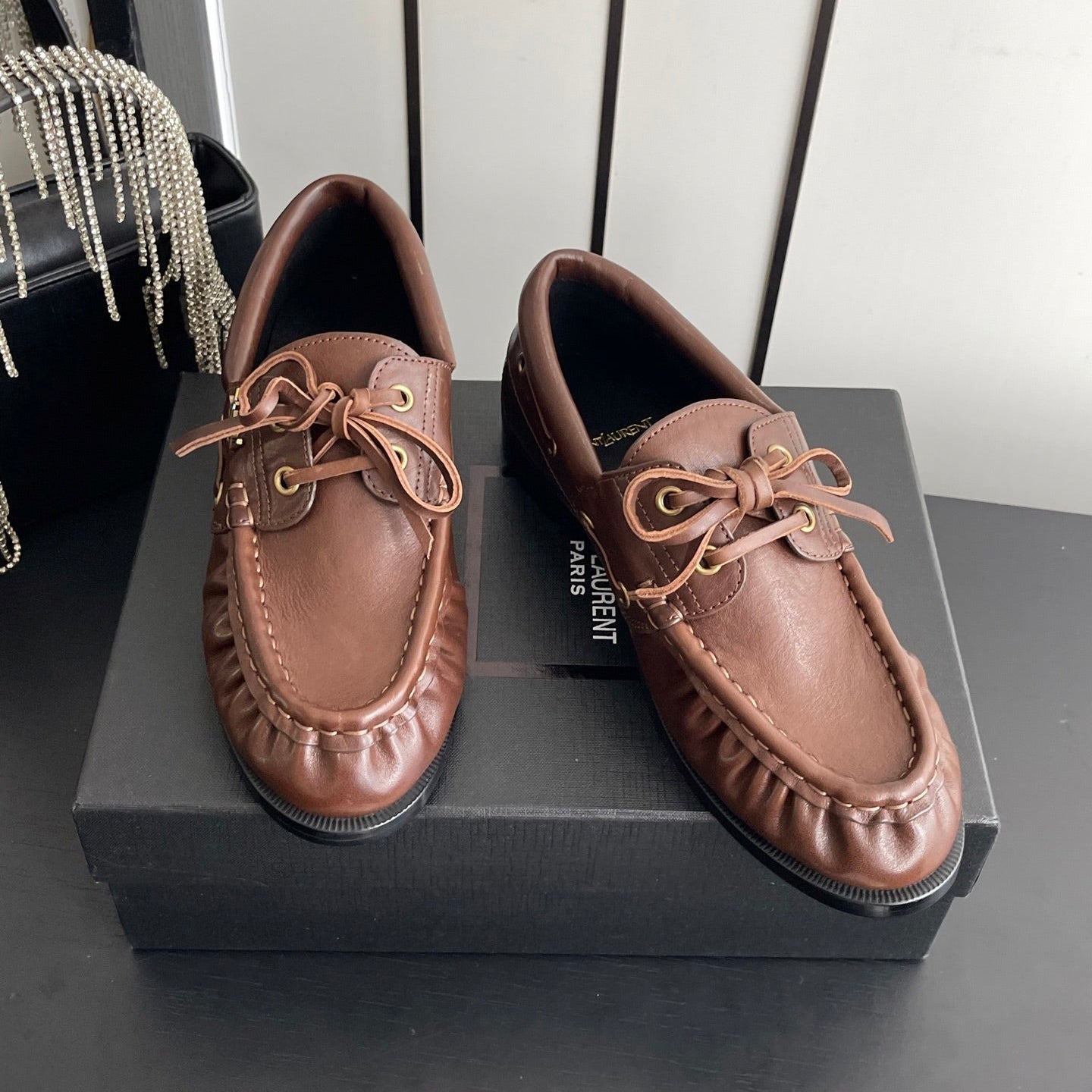 YSL 26S LACE UP LOAFERS IN TAUPE BROWN CALFSKIN ROUND TOE
