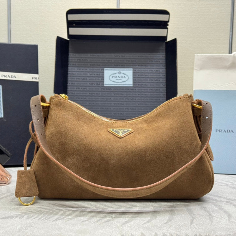 PRADA 25S AIMEE MEDIUM SHOULDER BAG 31 IN BROWN SUEDE