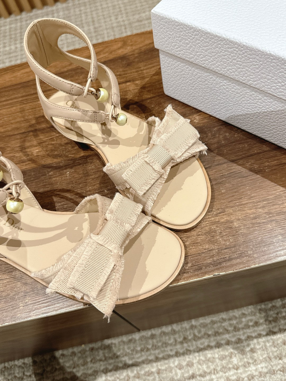 DIOR ADIORABLE SANDALS 25S IN LIGHT BEIGE FABRIC AND LAMBSKIN WITH PEARL DETAILING