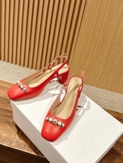 DIOR HIGH SLINGBACK 55 MM 25S IN RED LAMBSKIN PEARL DETAILING