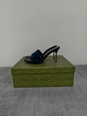 GUCCI 26S MULE SANDALS 85MM IN ROYAL BLUE VELVET GG EMBOSSED