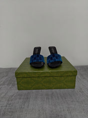 GUCCI 26S MULE SANDALS 85MM IN ROYAL BLUE VELVET GG EMBOSSED