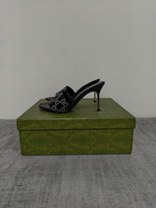 GUCCI 26S MULE SANDALS 85MM IN BLACK SATIN CRYSTAL GG