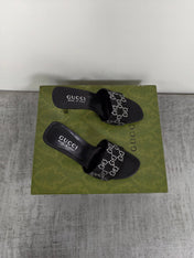 GUCCI 26S MULE SANDALS 85MM IN BLACK SATIN CRYSTAL GG