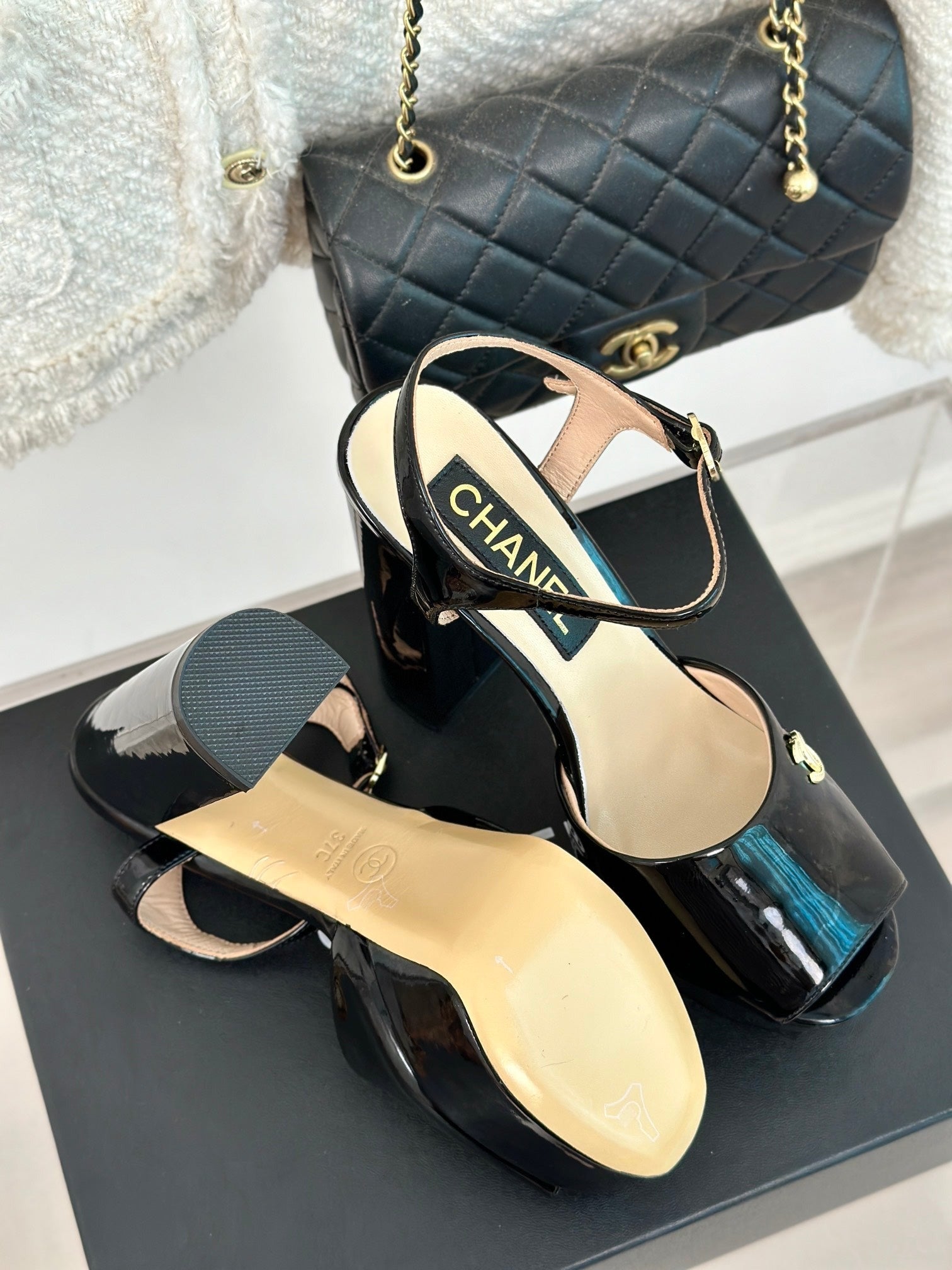 Double C High Heel Sandals Black Leather