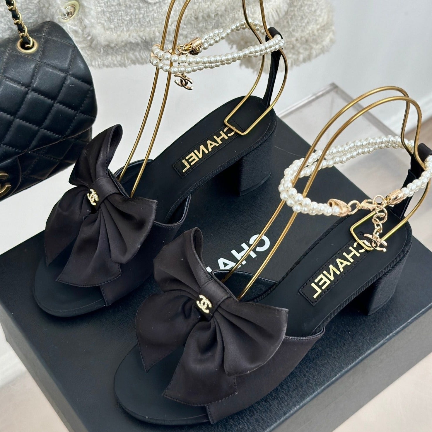 Double C Big Bow Pearl Chain High Sandals Black Lambskin