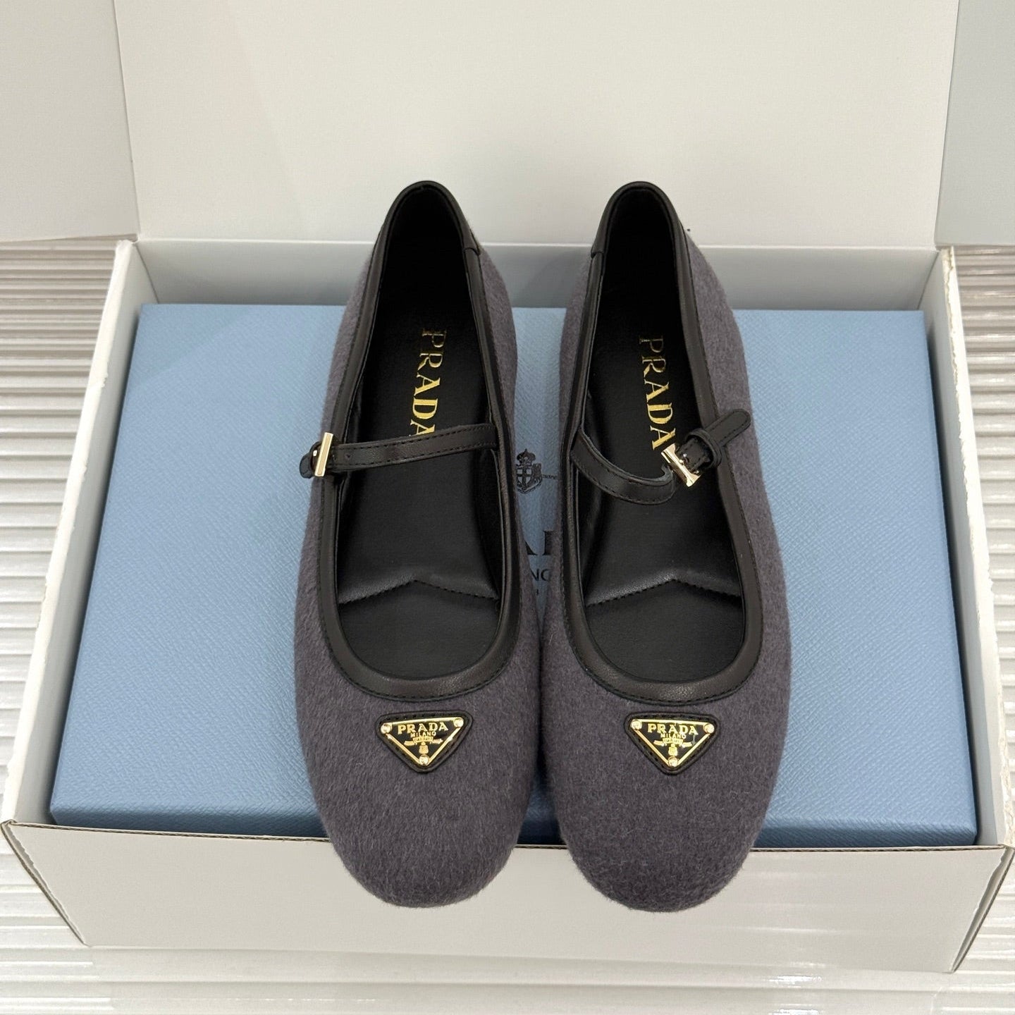 PRADA 26S MARY JANE  FLATS IN CHARCOAL GREY FELTED FABRIC