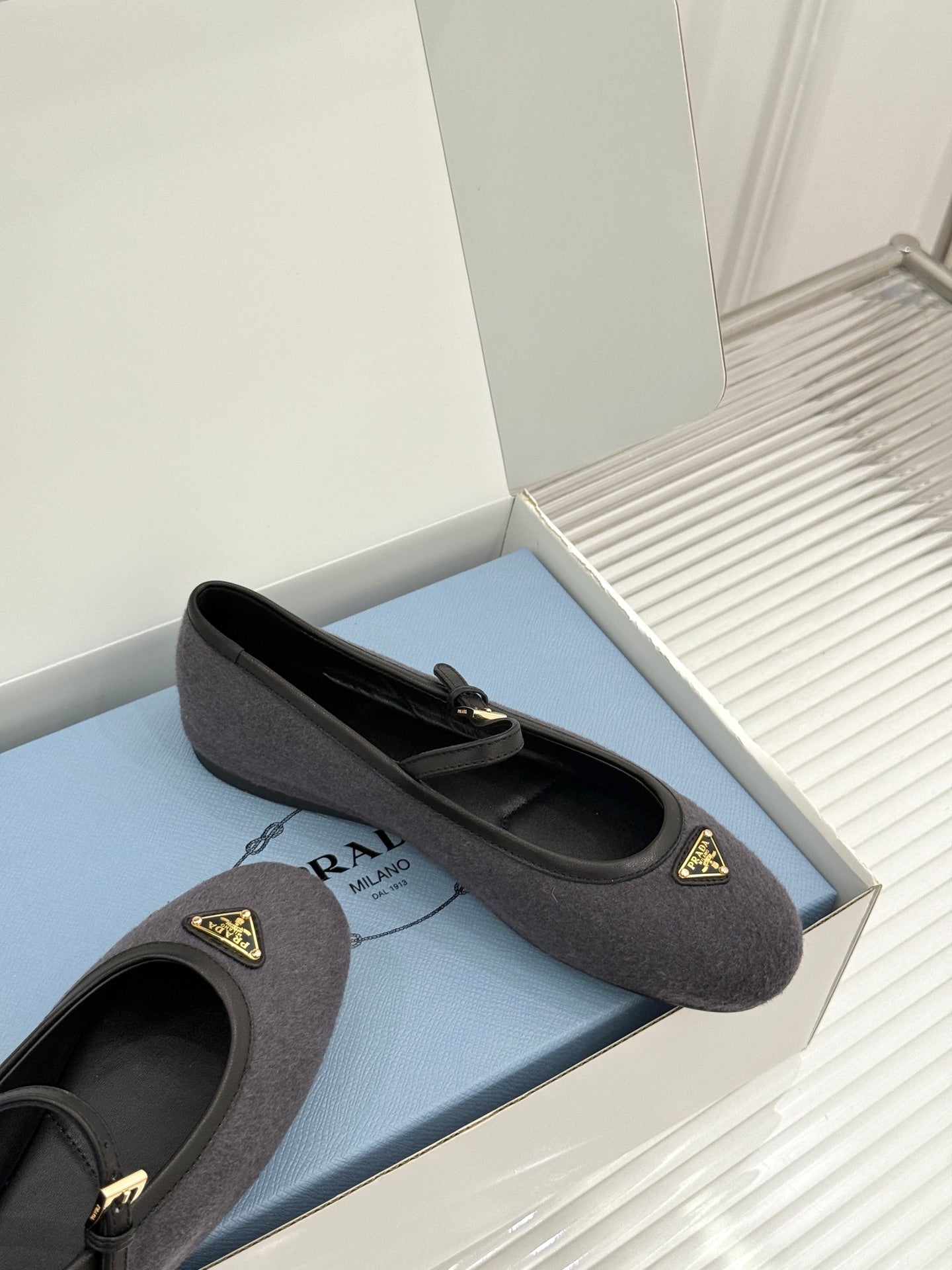 PRADA 26S MARY JANE  FLATS IN CHARCOAL GREY FELTED FABRIC