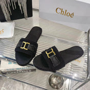CHLOÉ WOVEN SLIPPER IN BLACK WOOL AND LAMBSKIN GOLD HARDWARE