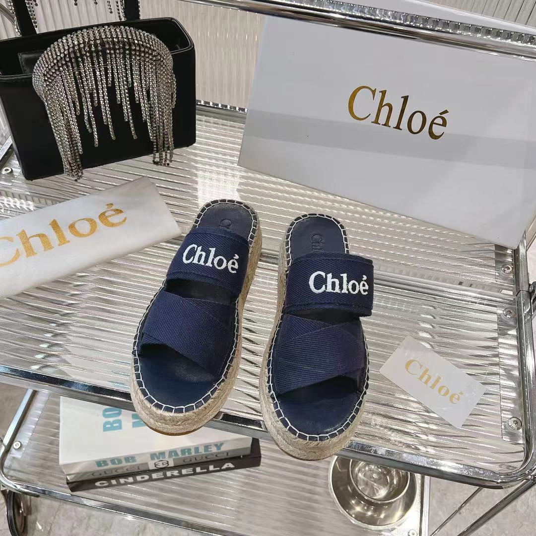 CHLOÉ MILA PLATFORM 5 CM IN NAVY BLUE FABRIC AND BEIGE RAFFIA