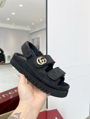 VELCRO STRAP SANDALS IN BLACK MONOGRAM CANVAS GOLD HARDWARE