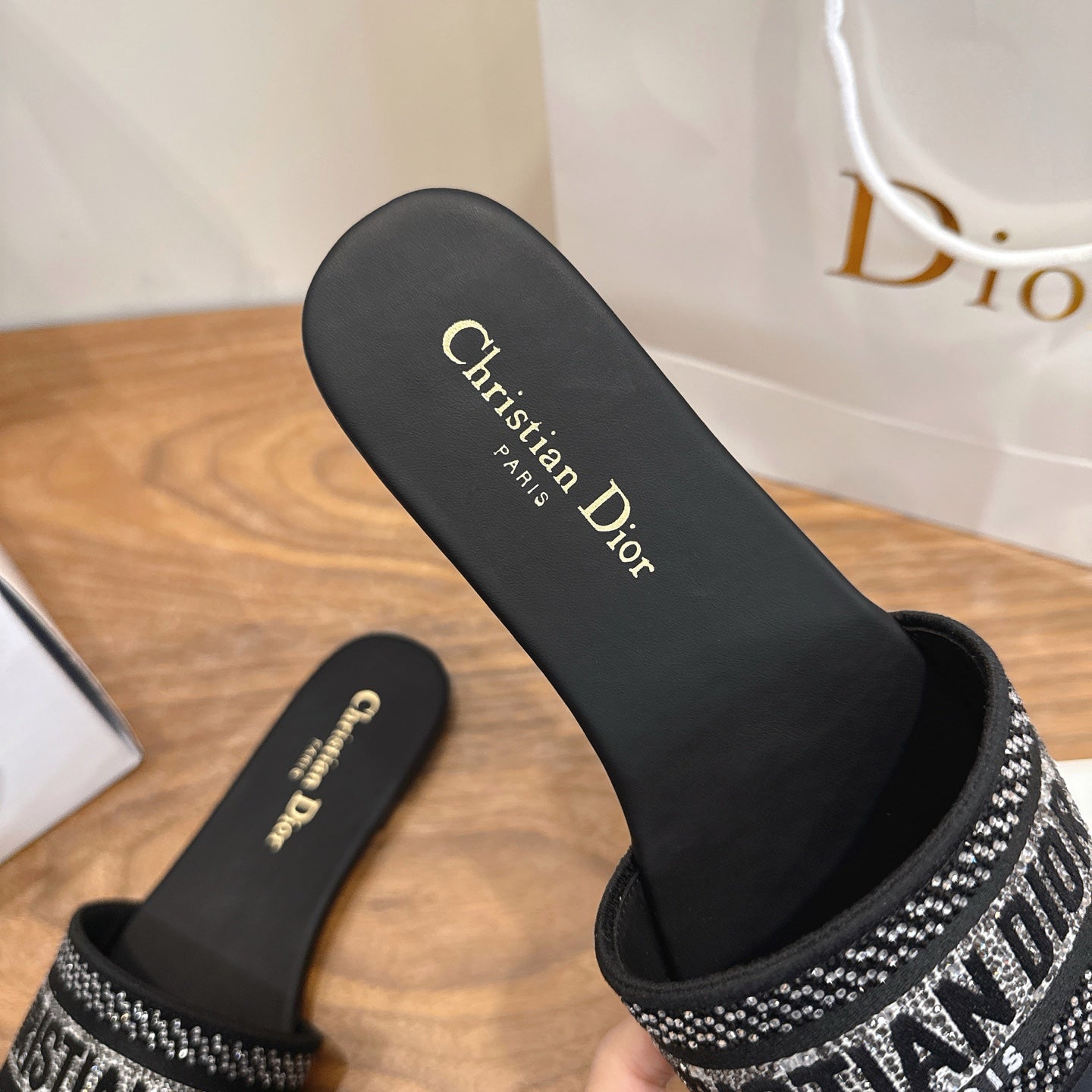DIOR 26S FLAT SLIDE SANDALS IN BLACK CRYSTAL-EMBROIDERED CANVAS