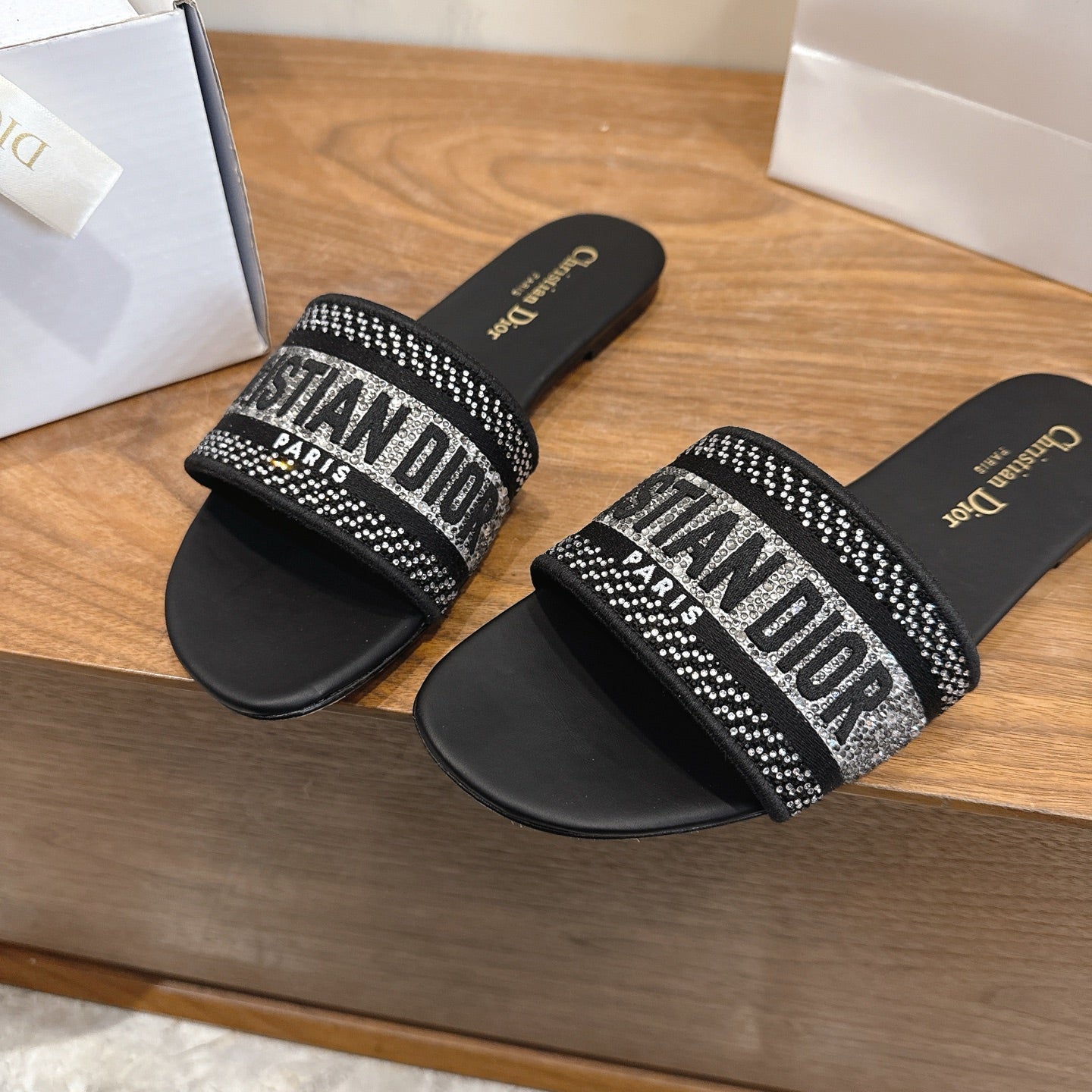 DIOR 26S FLAT SLIDE SANDALS IN BLACK CRYSTAL-EMBROIDERED CANVAS