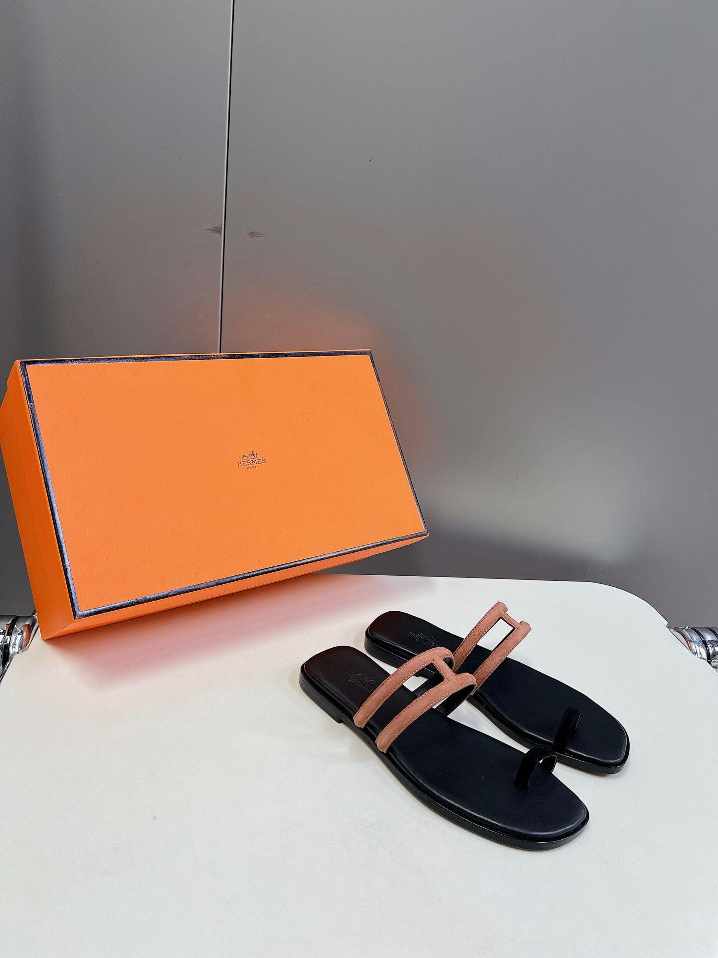 Georgia Sandals Peach Suede Black Calfskin