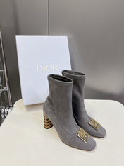 ICON HEELED ANKLE BOOT DOVE GRAY SUEDE 8 CM WITH GOLD LOGO