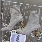 ICON HEELED ANKLE BOOT DOVE GRAY SUEDE 8 CM WITH GOLD LOGO